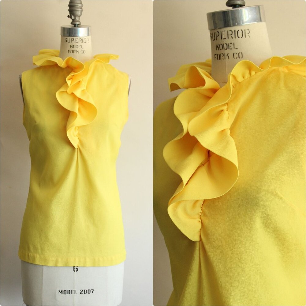 Vintage 1960s Blouse, Teddi of California Yellow Ruffle Collar Top, Zipper Back